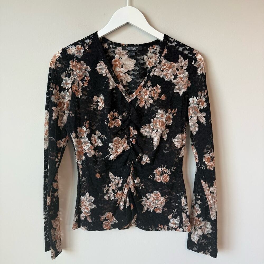 Karen Kane | Y2K Sheer Floral Lace Whimsigoth Fairy Gathered Front Blouse Top
